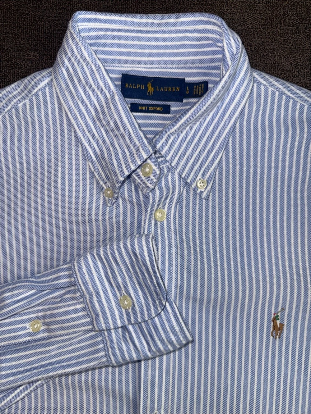 Ralph Lauren Kids Blue White Striped Knit Oxford Button Down Shirt Large L G